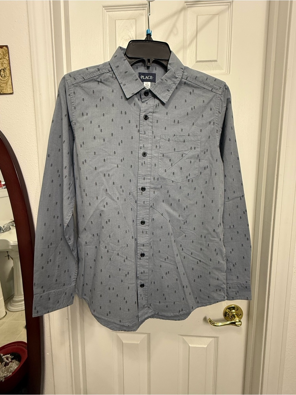 Place Light Blue Long-Sleeve Button-Down Shirt with Navy Micro Print